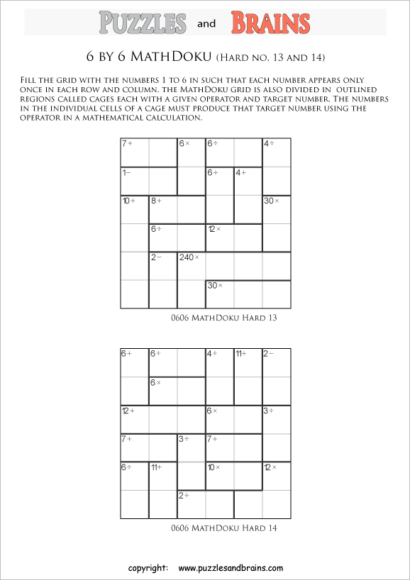 printable 6 by 6 difficult level Mathdoku, KenKenlike, math puzzles