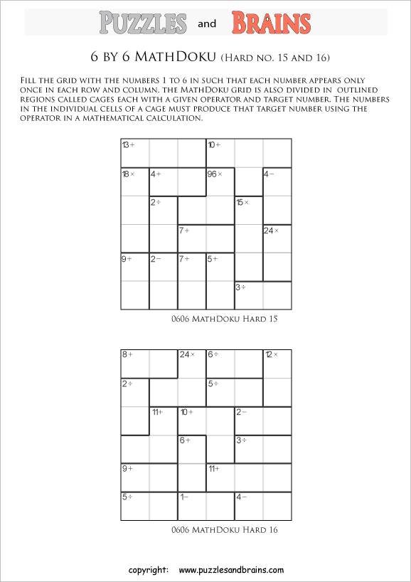 printable 6 by 6 difficult level Mathdoku, KenKen-like, math puzzles for young and old