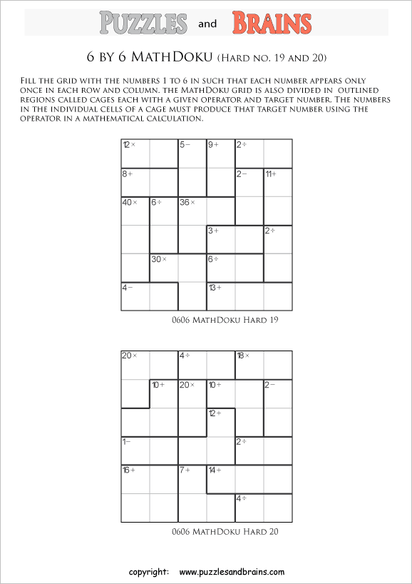 printable 6 by 6 difficult level Mathdoku, KenKen-like, math puzzles for young and old