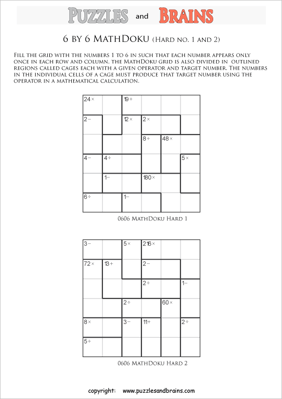 printable 6 by 6 difficult level Mathdoku, KenKen-like, math puzzles for young and old