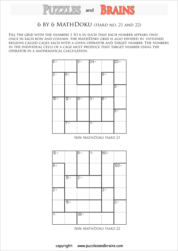 printable 6 by 6 difficult level Mathdoku, KenKen-like, math puzzles for young and old