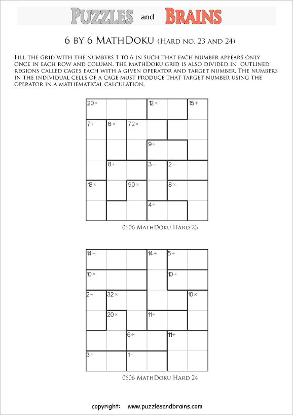 printable 6 by 6 difficult level Mathdoku, KenKen-like, math puzzles for young and old