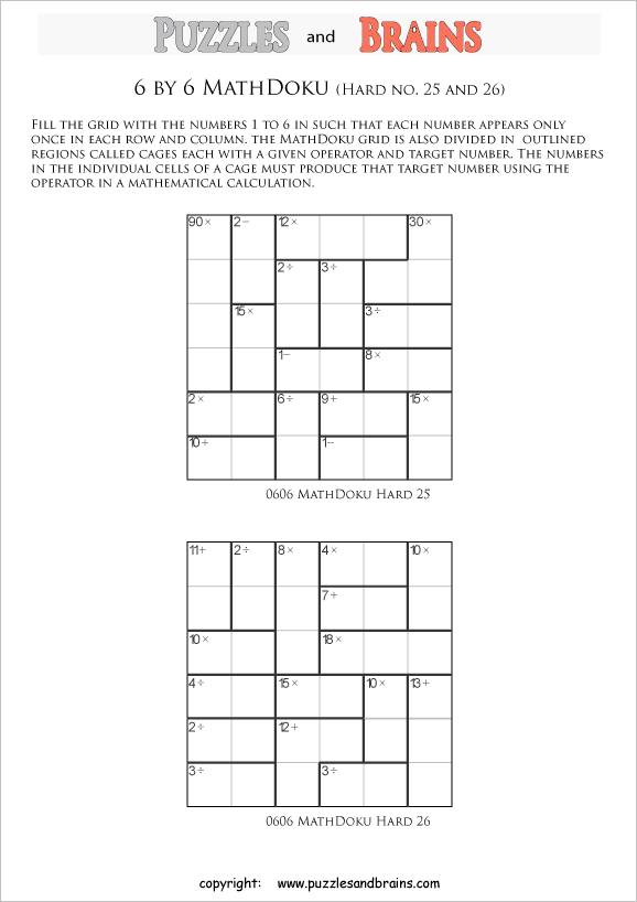 printable 6 by 6 difficult level Mathdoku, KenKen-like, math puzzles for young and old