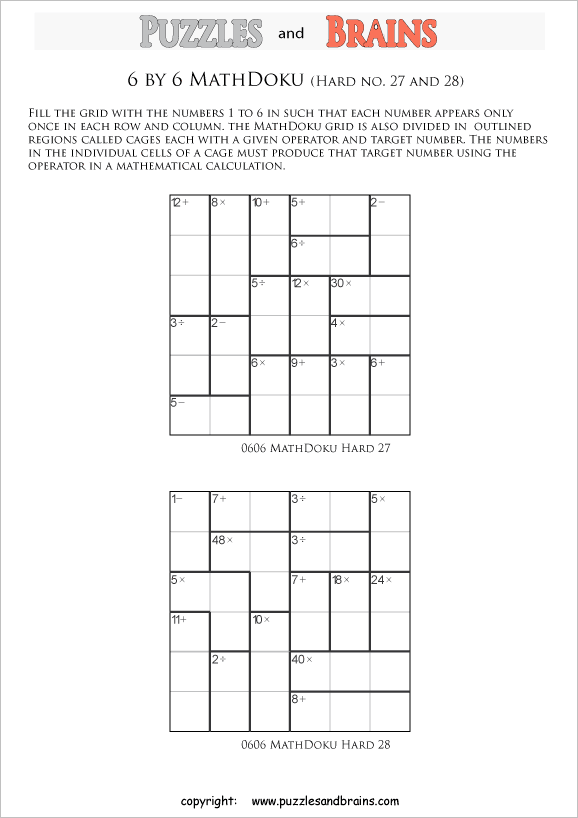 printable 6 by 6 difficult level Mathdoku, KenKen-like, math puzzles for young and old