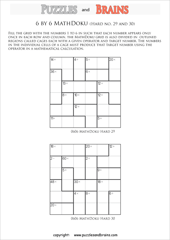 printable 6 by 6 difficult level Mathdoku, KenKen-like, math puzzles for young and old