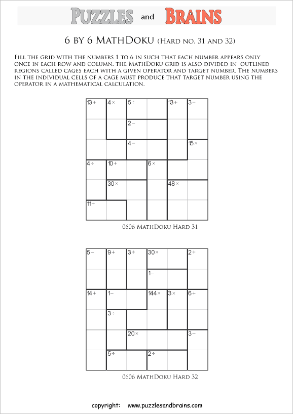 printable 6 by 6 difficult level Mathdoku, KenKen-like, math puzzles for young and old