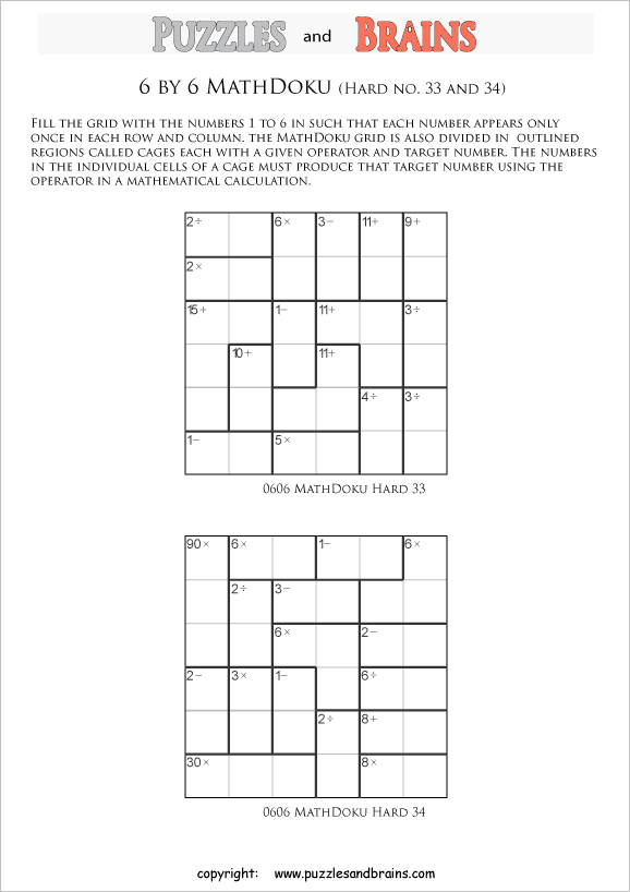 printable 6 by 6 difficult level Mathdoku, KenKen-like, math puzzles for young and old