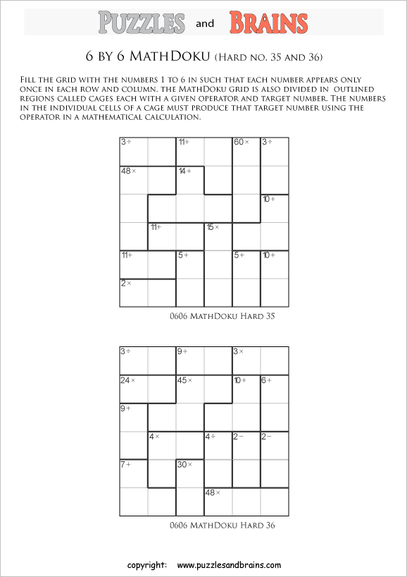 printable 6 by 6 difficult level Mathdoku, KenKen-like, math puzzles for young and old