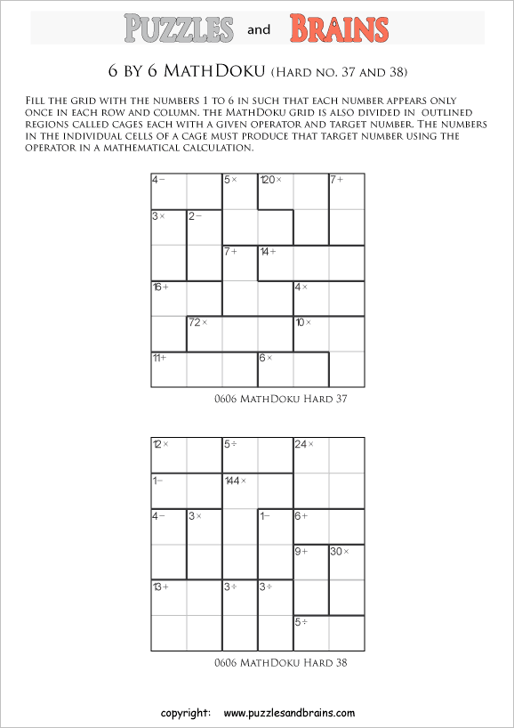 printable 6 by 6 difficult level Mathdoku, KenKen-like, math puzzles for young and old