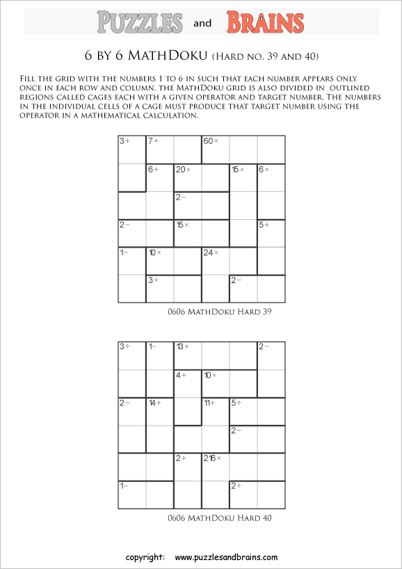 printable 6 by 6 difficult level mathdoku kenken like math puzzles