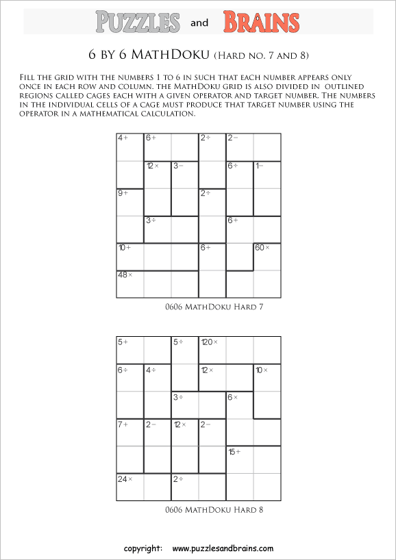 printable 6 by 6 difficult level Mathdoku, KenKen-like, math puzzles for young and old