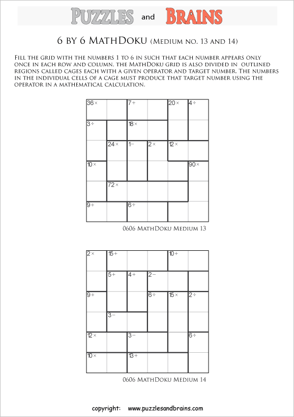 printable 6 by 6 medium level Mathdoku, KenKen-like, math puzzles for young and old