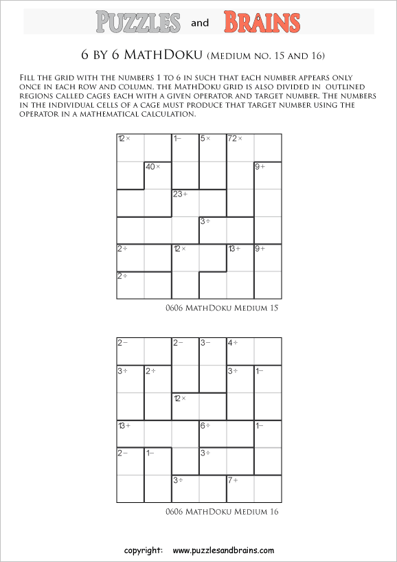 printable 6 by 6 medium level Mathdoku, KenKen-like, math puzzles for young and old