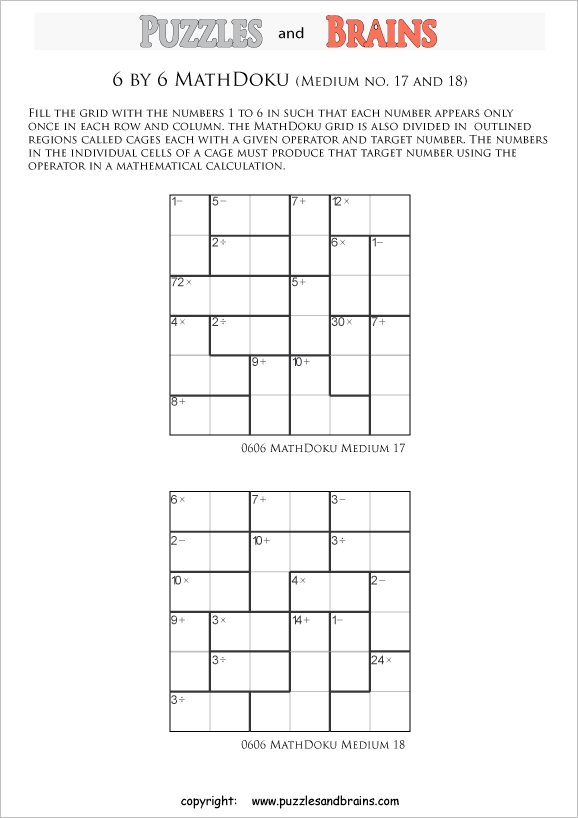 printable 6 by 6 medium level Mathdoku, KenKen-like, math puzzles for young and old