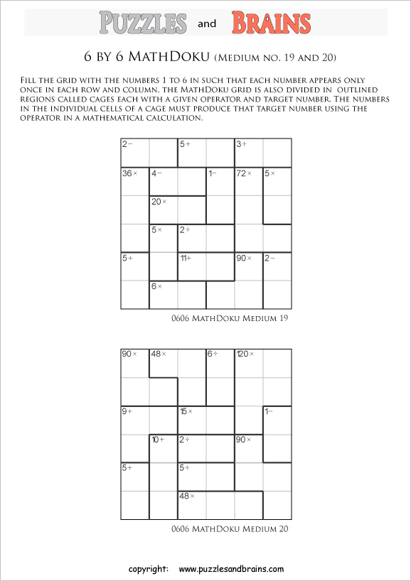 printable 6 by 6 medium level Mathdoku, KenKen-like, math puzzles for young and old