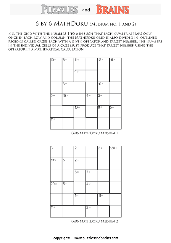 printable 6 by 6 medium level Mathdoku, KenKen-like, math puzzles for young and old