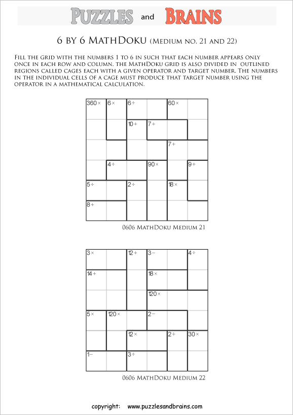 printable 6 by 6 medium level Mathdoku, KenKen-like, math puzzles for young and old