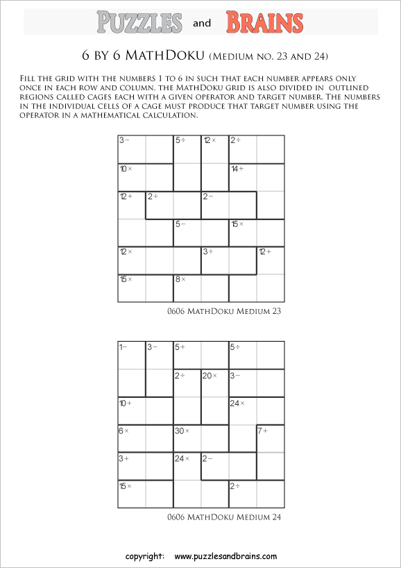 printable 6 by 6 medium level Mathdoku, KenKen-like, math puzzles for young and old