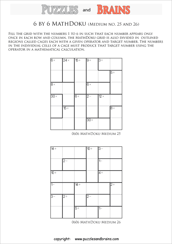 printable 6 by 6 medium level Mathdoku, KenKen-like, math puzzles for young and old