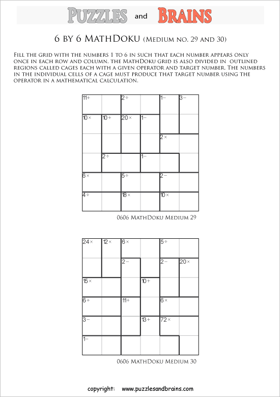 printable 6 by 6 medium level Mathdoku, KenKen-like, math puzzles for young and old