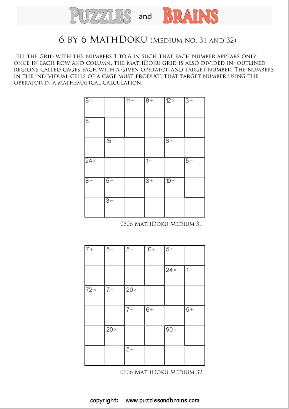 printable 6 by 6 medium level Mathdoku, KenKen-like, math puzzles for young and old