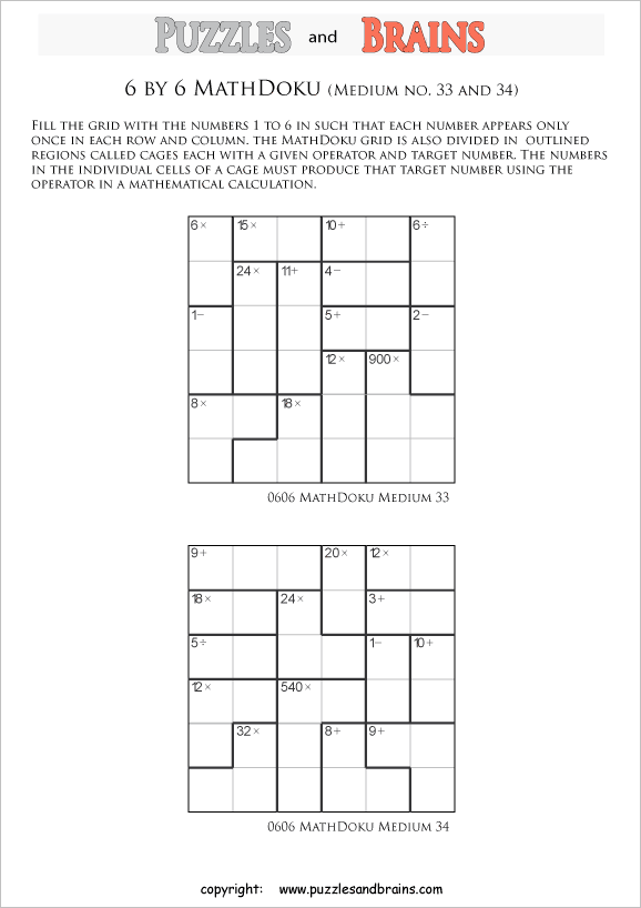 printable 6 by 6 medium level Mathdoku, KenKen-like, math puzzles for young and old