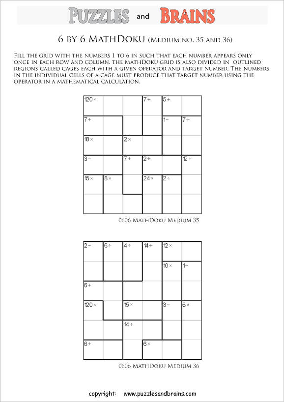 printable 6 by 6 medium level Mathdoku, KenKen-like, math puzzles for young and old