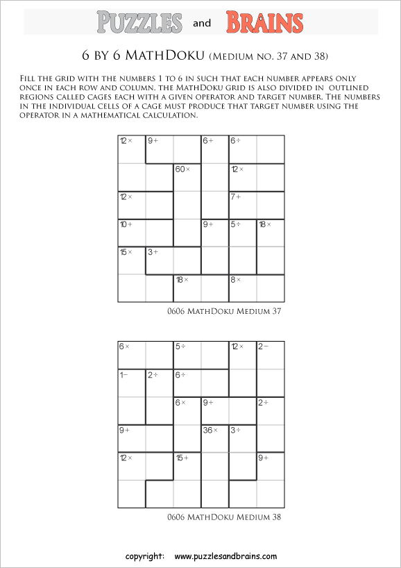 printable 6 by 6 medium level Mathdoku, KenKen-like, math puzzles for young and old