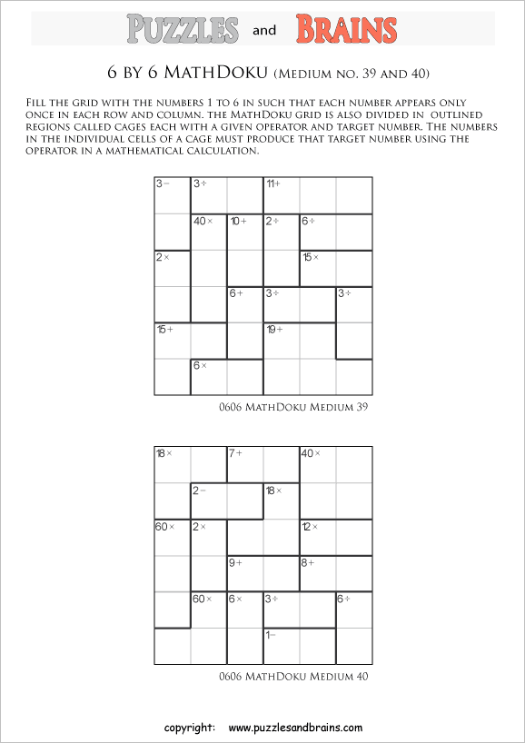 printable 6 by 6 medium level Mathdoku, KenKen-like, math puzzles for young and old