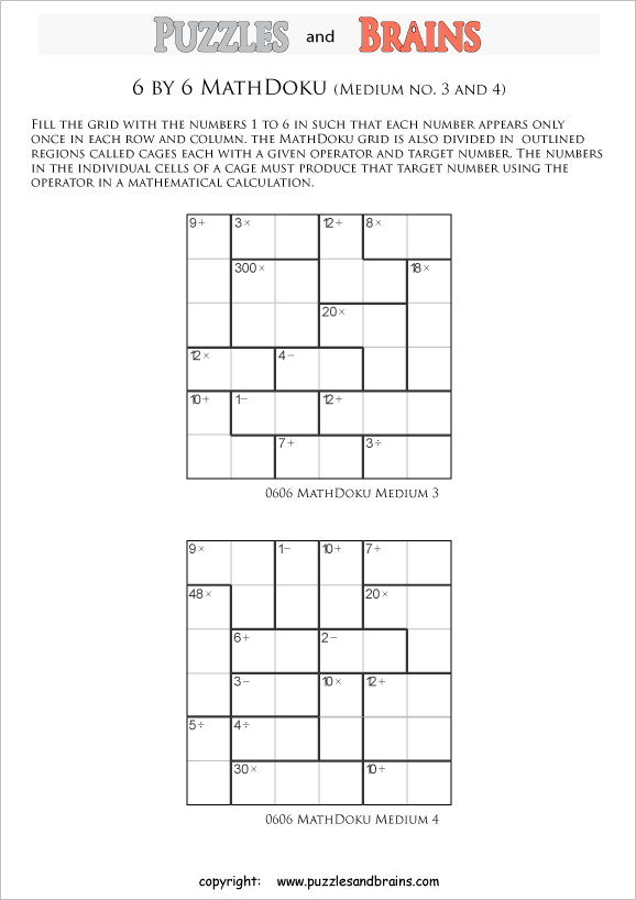 printable 6 by 6 medium level Mathdoku, KenKen-like, math puzzles for young and old