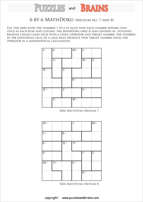 printable 6 by 6 medium level Mathdoku, KenKen-like, math puzzles for young and old