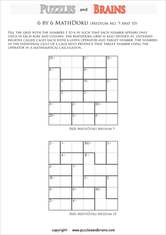 printable 6 by 6 medium level Mathdoku, KenKen-like, math puzzles for young and old