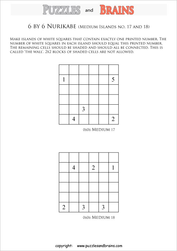 printable 6 by 6 Nurikabe logic puzzles for kids and adults with medium sized islands