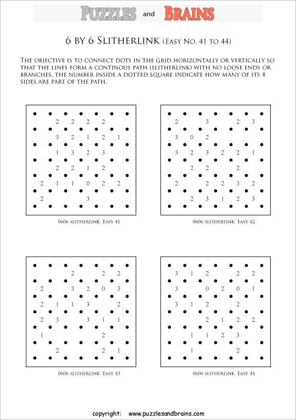 printable 6 by 6 easier level Slitherlink logic puzzles