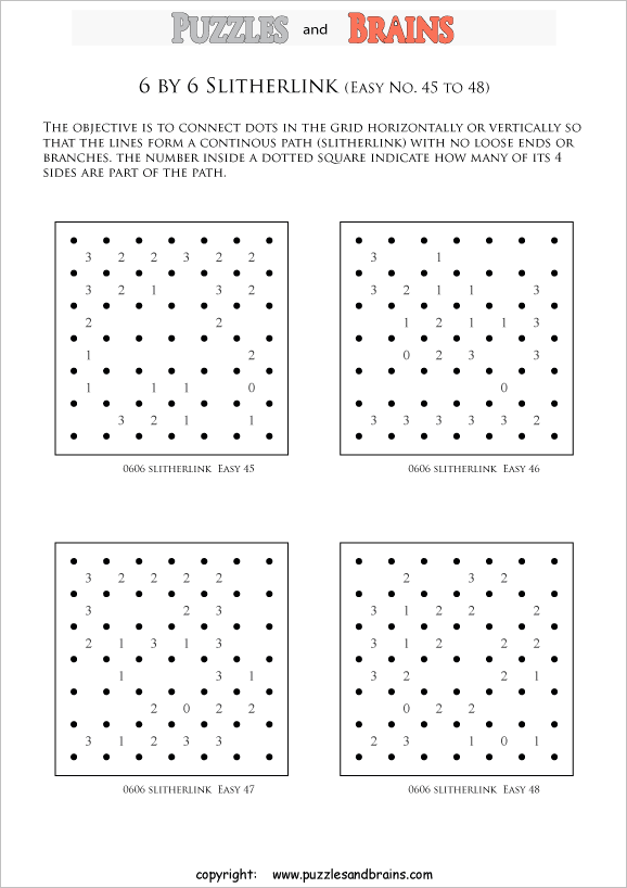 printable 6 by 6 easier level Slitherlink logic puzzles