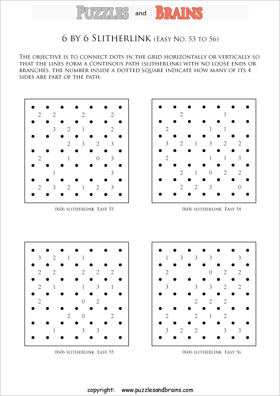 printable 6 by 6 easier level Slitherlink logic puzzles