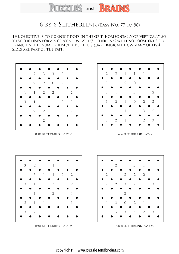 printable 6 by 6 easier level Slitherlink logic puzzles