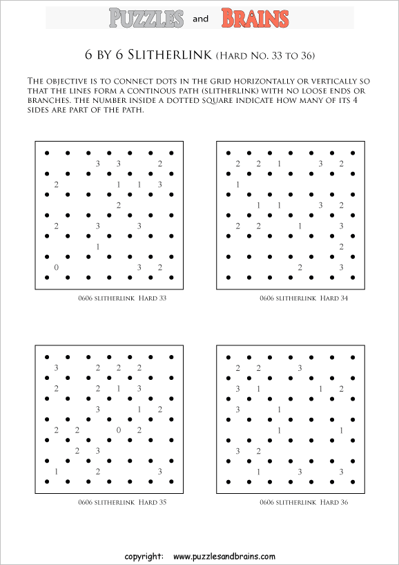 printable 6 by 6 difficult level Slitherlink logic puzzles