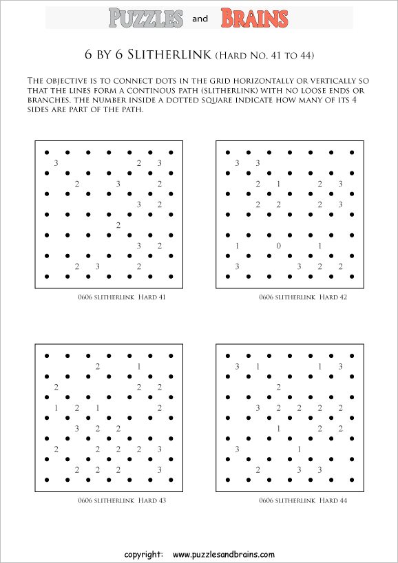 printable 6 by 6 difficult level Slitherlink logic puzzles