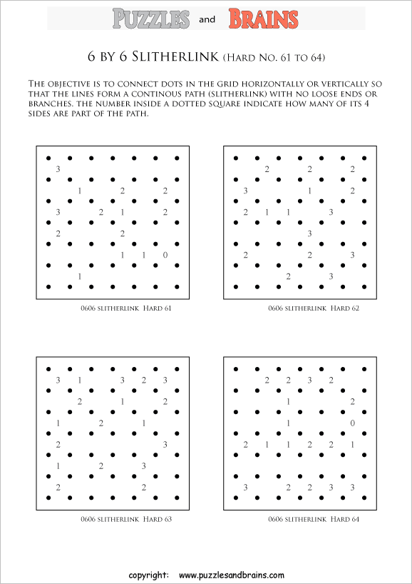 printable 6 by 6 difficult level Slitherlink logic puzzles