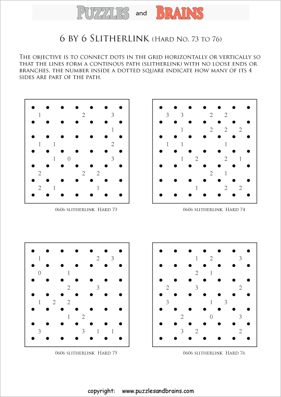 printable 6 by 6 difficult level Slitherlink logic puzzles