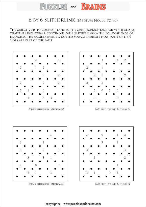 printable 6 by 6 medium level Slitherlink logic puzzles