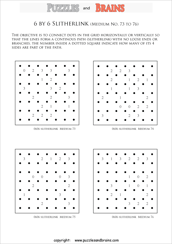 printable 6 by 6 medium level Slitherlink logic puzzles