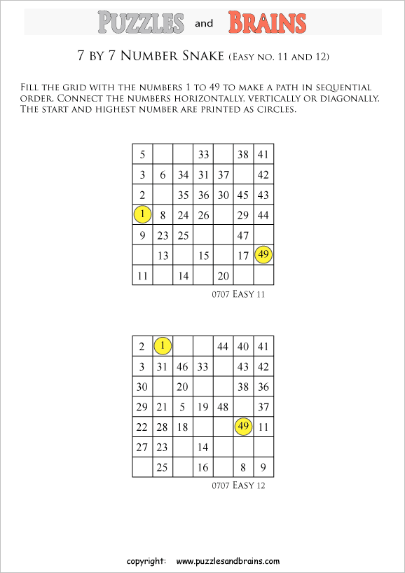 printable easier 7 by 7 Hidato Number Snake puzzles for young and old