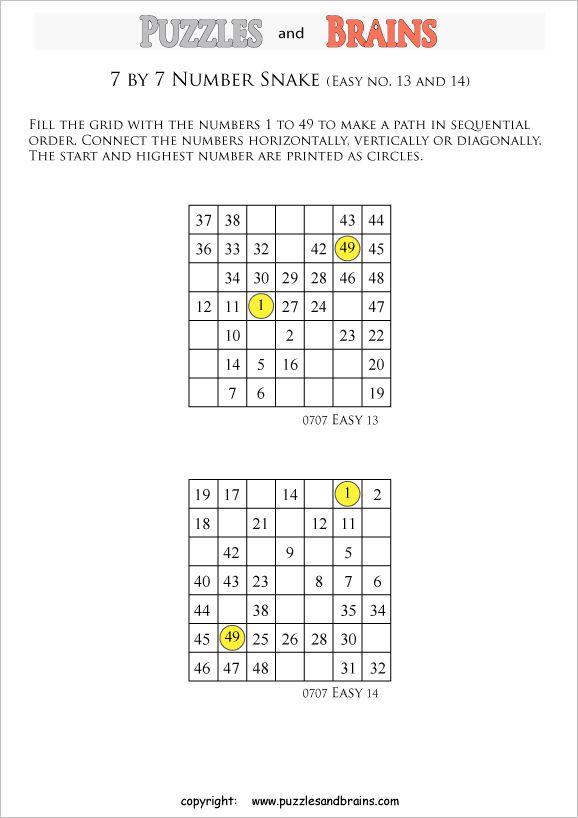 printable easier 7 by 7 Hidato Number Snake puzzles for young and old