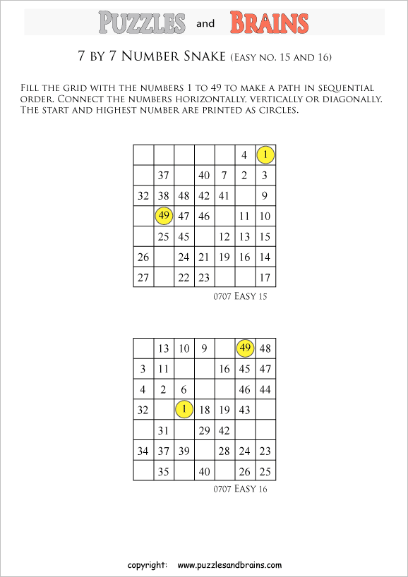 printable easier 7 by 7 Hidato Number Snake puzzles for young and old