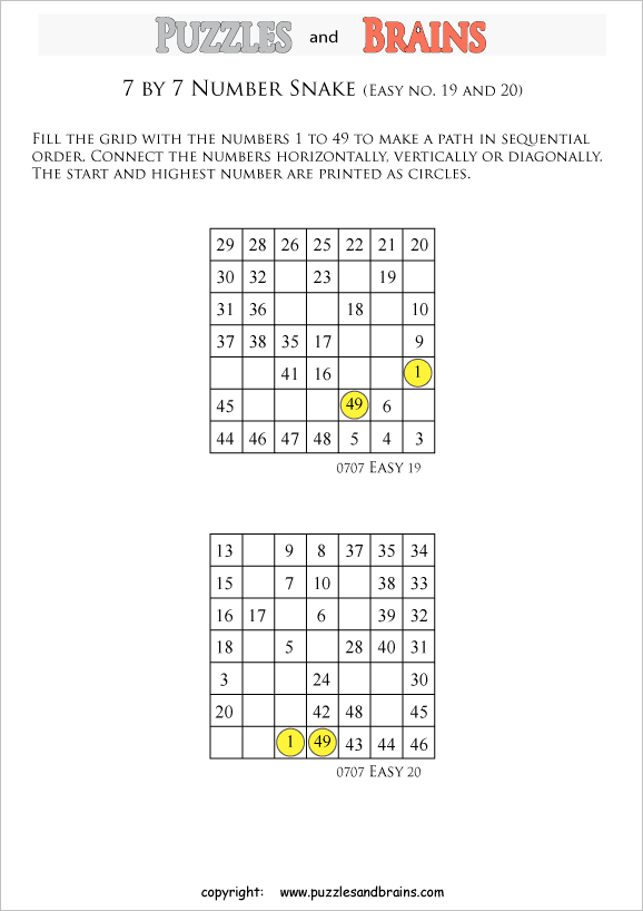 printable easier 7 by 7 hidato number snake puzzles for