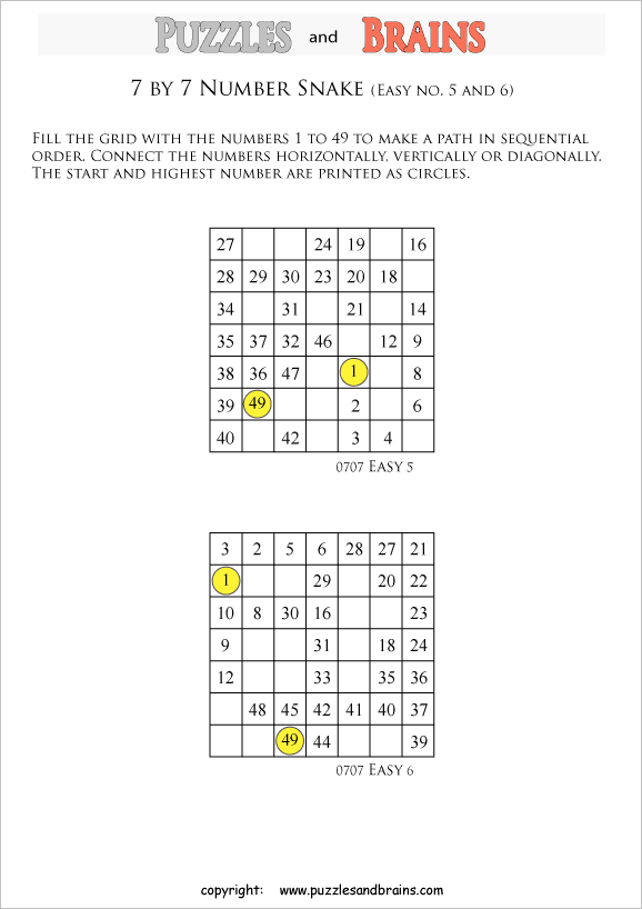 printable easier 7 by 7 hidato number snake puzzles for