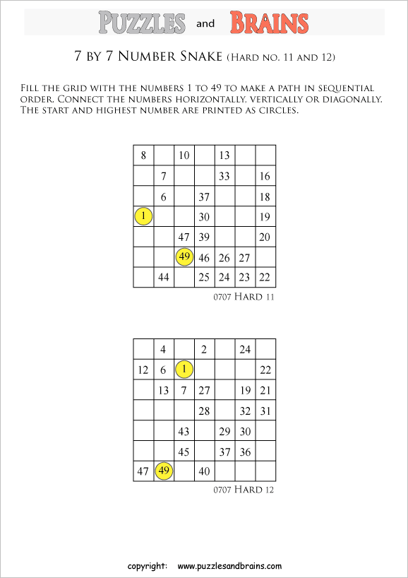 printable hard level 7 by 7 grid hidato number snake logic puzzles for