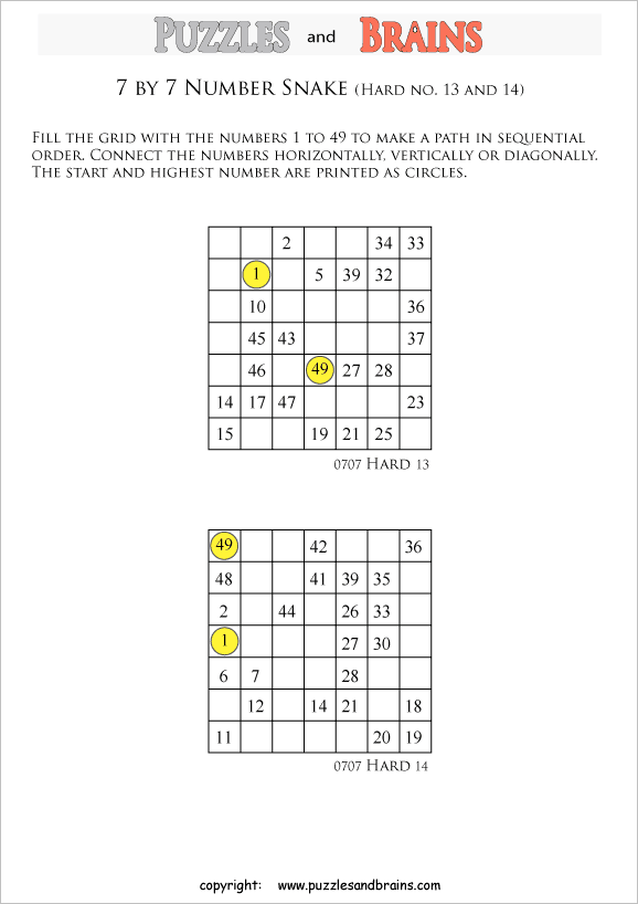 printable difficult 7 by 7 Hidato Number Snake puzzles for young and old